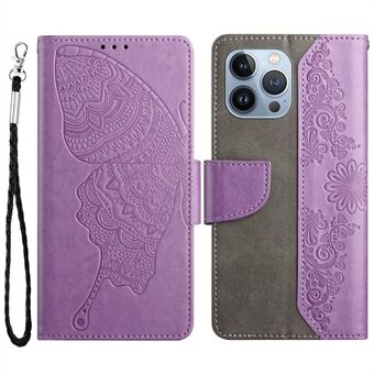 PU Leather Imprinting Butterfly Flower Case for iPhone 13 Pro 6.1 inch, Wallet Cover Foldable Stand Shell