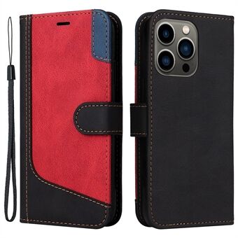 For iPhone 13 Pro 6.1 inch Magnetic Clasp Tri-color Splicing PU Leather Stand Wallet Phone Case with Strap