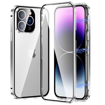 For iPhone 13 Pro 6.1 inch Safety Buckle Straight Edge Phone Case Metal Frame + Double Sides Transparent Tempered Glass Magnetic Adsorption Cover
