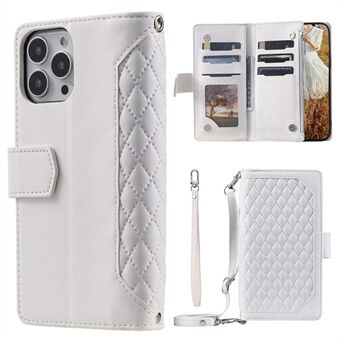 005 Style Anti-drop Phone Case For iPhone 13 Pro 6.1 inch, Scratch-resistant Mobile Phone Wallet Stand Cover Zipper Pocket Rhombus Texture PU Leather Shell with Strap Card Holder