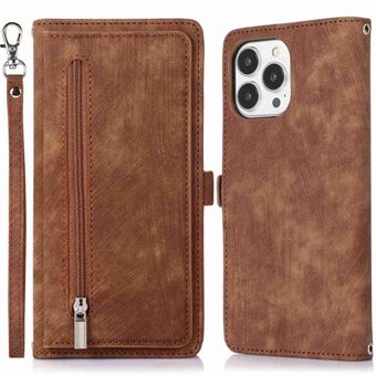 For iPhone 13 Pro 6.1 inch Zipper Pocket Wallet Flip Case 9 Card Slots PU Leather Stand Mobile Phone Shell with Wrist Strap