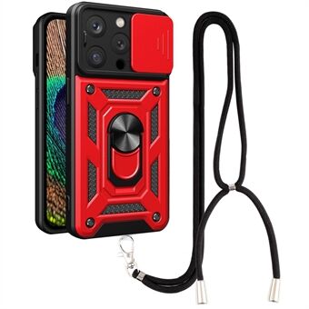 Phone Case Kickstand For iPhone 13 Pro 6.1 inch, Built-in Magnetic Metal Sheet Hybrid Phone Shell Ring Holder with Slide Camera Cover and Lanyard