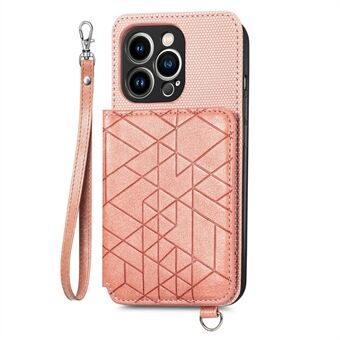 For iPhone 13 Pro 6.1 inch Geometry Imprinted Phone Wallet Cover Kickstand PU Leather Coated TPU Case with Hand Strap