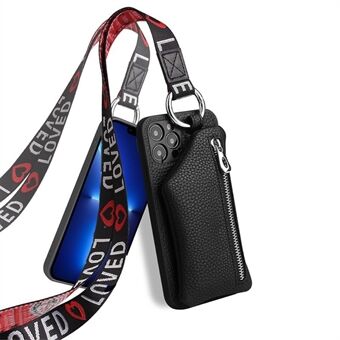 For iPhone 13 Pro 6.1 inch Detachable Wallet PU Leather Coated TPU Phone Case Zipper Pocket Shockproof Protective Cover with Lanyard
