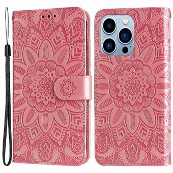 For iPhone 13 Pro 6.1 inch PU Leather Wallet Case Stand Magnetic Closure Sunflower Imprinted Flip Folio Phone Cover with Strap