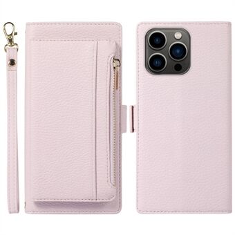 For iPhone 13 Pro 6.1 inch 2 in 1 Magnetic PU Leather Protective Phone Case Stand Detachable Zipper Pocket Wallet Litchi Texture Anti-scratch Phone Cover with Strap