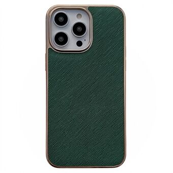 For iPhone 13 Pro 6.1 inch Cross Texture Genuine Leather Coated TPU Case Nano Electroplating Anti-drop Protective Cover - Green