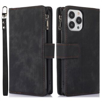 For iPhone 13 Pro 6.1 inch Multiple Card Slots Zipper Pocket Skin-touch PU Leather Shockproof Case Foldable Stand Wallet Cover with Wrist and Shoulder Strap