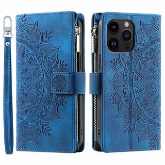 For iPhone 13 Pro 6.1 inch Zipper Pocket Wallet Multiple Card Slots Phone Cover Mandala Flower Imprinted Stand PU Leather Phone Case with Strap