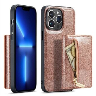 DG.MING M3 Series For iPhone 13 Pro 6.1 inch 2-in-1 Detachable Phone Case Glittery Zippered Wallet Magnetic Anti-scratch Phone Cover Kickstand