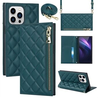 For iPhone 13 Pro 6.1 inch Stitching Rhombus Texture PU Leather Zipper Pocket Phone Case Wallet Stand Cover with Long Strap