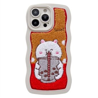 For iPhone 13 Pro 6.1 inch Milk Tea Animal Pattern Embroidery Phone Case Drop-proof TPU + PC Soft Plush Back Cover