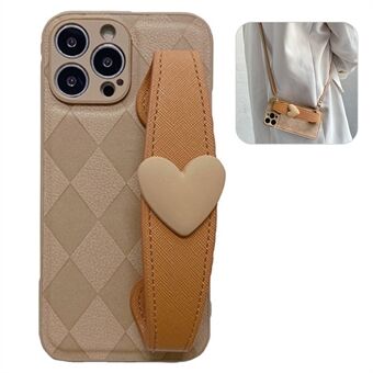 For iPhone 13 Pro 6.1 inch Love Heart Wristband Rhombus Imprinted PU Leather Coated PC+TPU Phone Cover Bump Proof Back Shell with Shoulder Strap