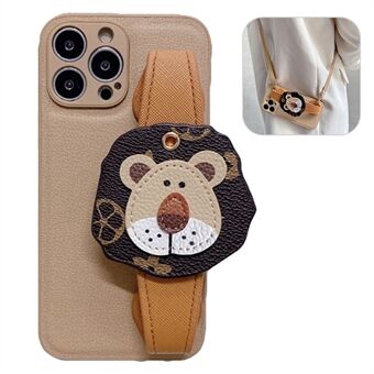 For iPhone 13 Pro 6.1 inch Cartoon Lion Wristband Back Cover Drop Protection PU Leather Coated TPU Shell with Shoulder Strap