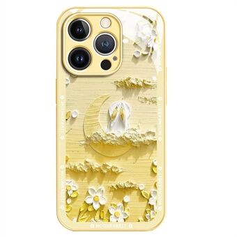 For iPhone 13 Pro 6.1 inch Back Cover Moon and Rabbit Oil Painting Scratch Resistant Tempered Glass + TPU Phone Case