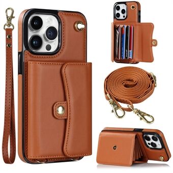 For iPhone 13 Pro 6.1 inch Kickstand Phone Case RFID Blocking Accordion Style Card Slots Cover with Short Strap and Long Strap