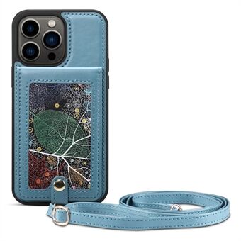 For iPhone 13 Pro Kickstand Card Holder Phone Cover PU Leather Coated TPU Case with Shoulder Strap