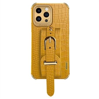 For iPhone 13 Pro 6.1 inch Crocodile Texture Strap Kickstand Phone Case Electroplating Leather Coated TPU Cover