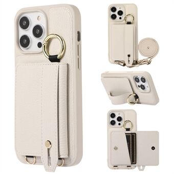 For iPhone 13 Pro 6.1 inch Card Holder Leather+TPU Phone Cover Hand Strap Kickstand Case with Shoulder Strap