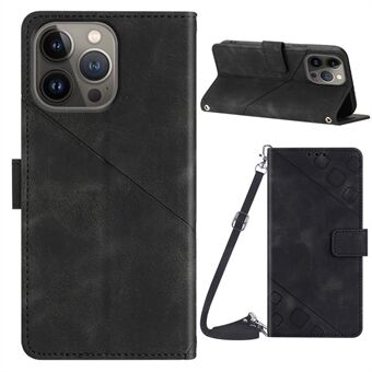 PT005 YB Imprinting Series-7 for iPhone 13 Pro Wallet PU Leather Phone Stand Case Lines Imprinted Cover with Shoulder Strap