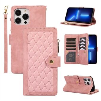 Stand Case for iPhone 13 Pro 6.1 inch Multiple Card Slots Zipper Pocket Rhombus PU Leather Phone Cover