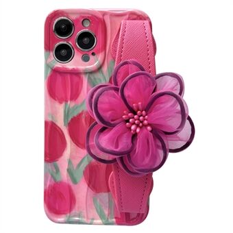 For iPhone 13 Pro TPU Phone Cover Anti-Scratch Pattern Design Gauze Flower Leather Wristband Phone Case