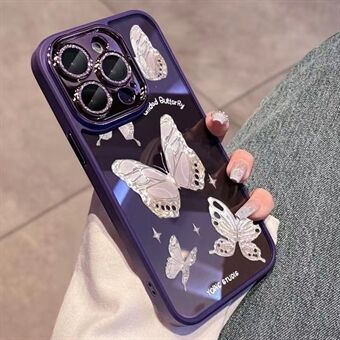 For iPhone 13 Pro Hard Glass+Flexible TPU Phone Case Glittery Powder Decor Platinum Butterfly Cover