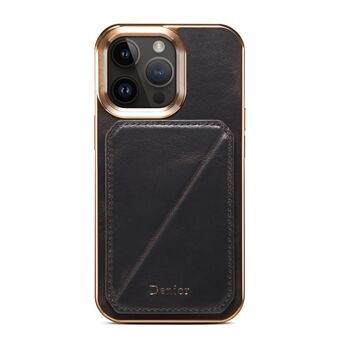 DENIOR For iPhone 13 Pro Card Holder Electroplating Case Waxy Genuine Cow Leather Coated TPU+PC Kickstand Phone Cover