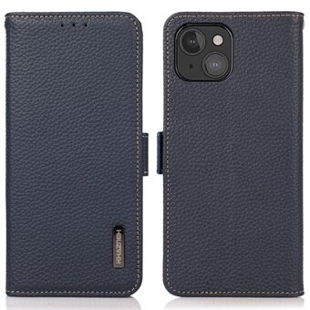 KHAZNEH Litchi Texture Genuine Leather Stand Phone Cover RFID Blocking Anti-Theft Swiping Business Wallet Case for iPhone 13 mini 5.4 inch