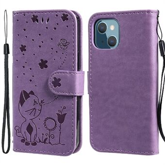 Cat and Bee Pattern Imprinting PU Leather Case Phone Cover Shell with Strap for iPhone 13 mini 5.4 inch