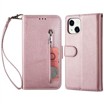Zipper Pocket PU Leather Stand Wallet Phone Cover Case with Strap for iPhone 13 mini 5.4 inch