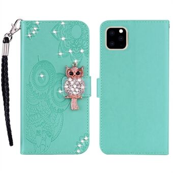 Imprinted Owl Shiny Rhinestone Leather Phone Case Wallet Cover with Strap for iPhone 13 mini 5.4 inch