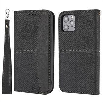 Auto-Absorbed Stylish Anti-Scratch Woven Texture Splicing Wallet Stand Design Leather Case with Handy Strap for iPhone 13 mini 5.4 inch