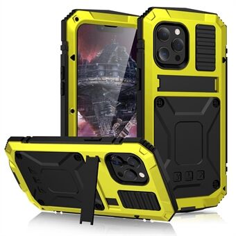 R-JUST Metal Shockproof Bumper Frame Silicone Heavy Duty Kickstand Case with Tempered Glass Protector for iPhone 13 mini 5.4 inch