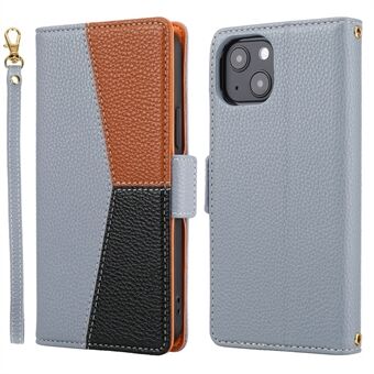 Litchi Texture Splicing PU Leather Wallet Case Full Protection Premium Flip Stand Cover with Magnetic Closure and Strap for 	iPhone 13 mini 5.4 inch