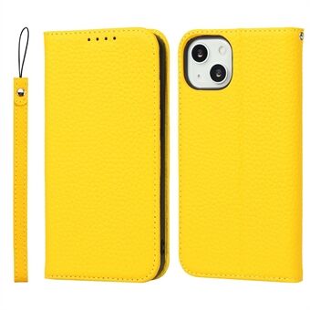 Litchi Texture TPU and Genuine Leather Phone Cover Wallet Stand Phone Case with Strap for iPhone 13 mini 5.4 inch
