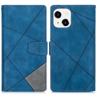 Color Splicing Imprinting Lines Wallet Stand Leather Phone Case Shell with Zipper Pocket for iPhone 13 mini 5.4 inch