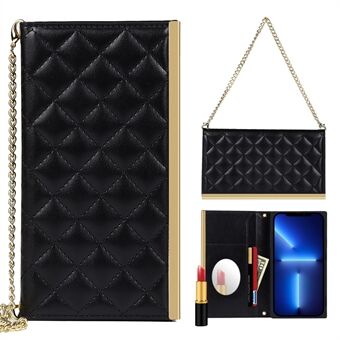 Grid Texture Mirror Function PU Leather Wallet Stand Phone Cover Case Hand Bag for iPhone 13 mini 5.4 inch