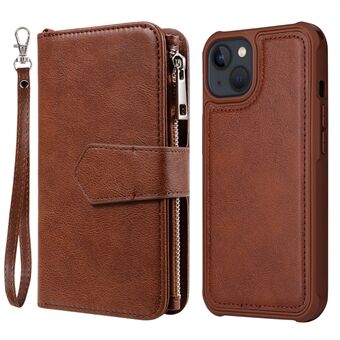 Scratch Resistant Zipper Design PU Leather and Inner TPU Phone Covering Case Detachable 2-in-1 Design Wallet Stand Shell for iPhone 13 mini 5.4 inch