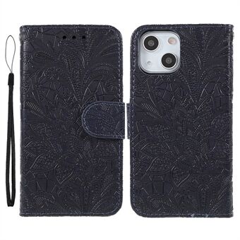 Lace Flowers Pattern Imprinting Folio Soft PU Leather Wallet Stand Magnetic Closure Cover with Wrist Strap for iPhone 13 mini 5.4 inch