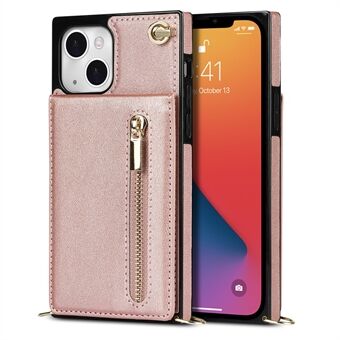 Kickstand Design PU Leather Phone Cover Anti-scratch Card Slots Zippered Wallet Pouch with Shoulder Strap for iPhone 13 mini 5.4 inch