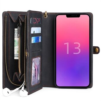 MEGSHI 017 Series Handy Strap All-round Protection Stylish Magnetic Absorption Zippered Wallet Detachable Leather Case for iPhone 13 mini 5.4 inch