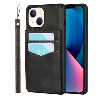 Vertical Flip Card Slots Design Wrist Strap Skin-Touch PU Leather Coated TPU Phone Case with Kickstand for iPhone 13 mini 5.4 inch