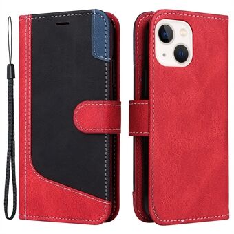 For iPhone 13 mini 5.4 inch Stylish Tri-color Splicing PU Leather Phone Case Stand Wallet Flip Cover with Strap