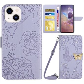 For iPhone 13 mini 5.4 inch PU Leather Phone Case with Shoulder Strap Butterfly Flowers Imprinted Anti-fall Wallet Cover Stand with Rhinestone Decor