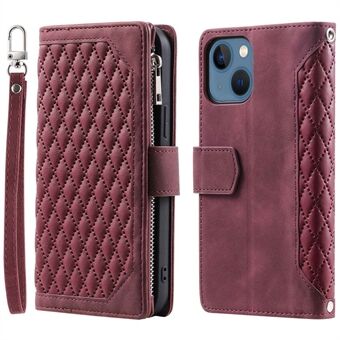 005 Style Zipper Pocket Leather Case for iPhone 13 mini 5.4 inch, Rhombus Texture Stand Wallet Shockproof Phone Cover with Wrist Strap
