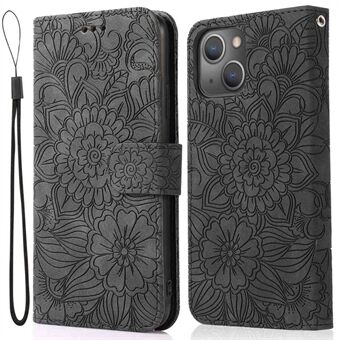 Anti-drop Phone Case for iPhone 13 mini 5.4 inch, Imprinted Flower Pattern Stand Flip Leather Wallet Cover with Strap