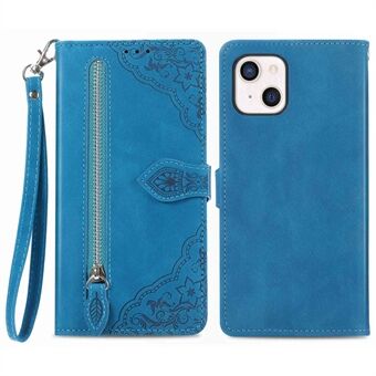 For iPhone 13 mini 5.4 inch PU Leather Zipper Pocket Flower Imprinted Phone Case Wallet Stand Folio Flip Cover with Strap
