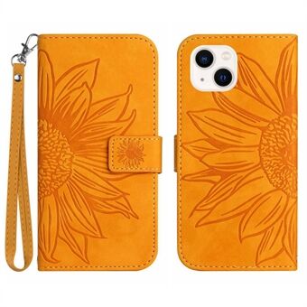 Skin-Touch Feeling Flip Phone Case for iPhone 13 mini, HT04 Imprinted Sunflower Stand PU Leather Magnetic Wallet Cover with Strap