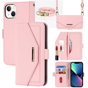 For iPhone 13 mini 5.4 inch Anti-fall Magnetic Closure Cross Texture PU Leather Flip Case Stand Wallet Cover with Inside Makeup Mirror and Shoulder Strap